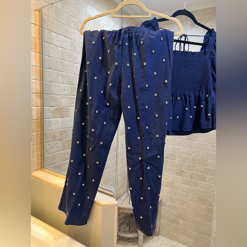 Hill House Navy Embellished Pants and Top Set